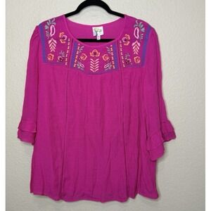 Fig and Flower Pink Embroidered Peasant Blouse Top 3/4 Sleeve Pink 1X Barbiecore